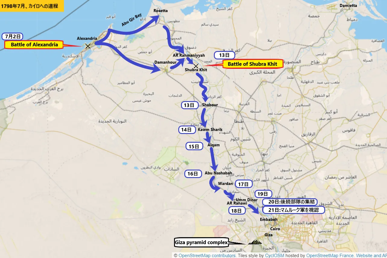 1798年7月13日～21日、フランス軍のカイロへの道程