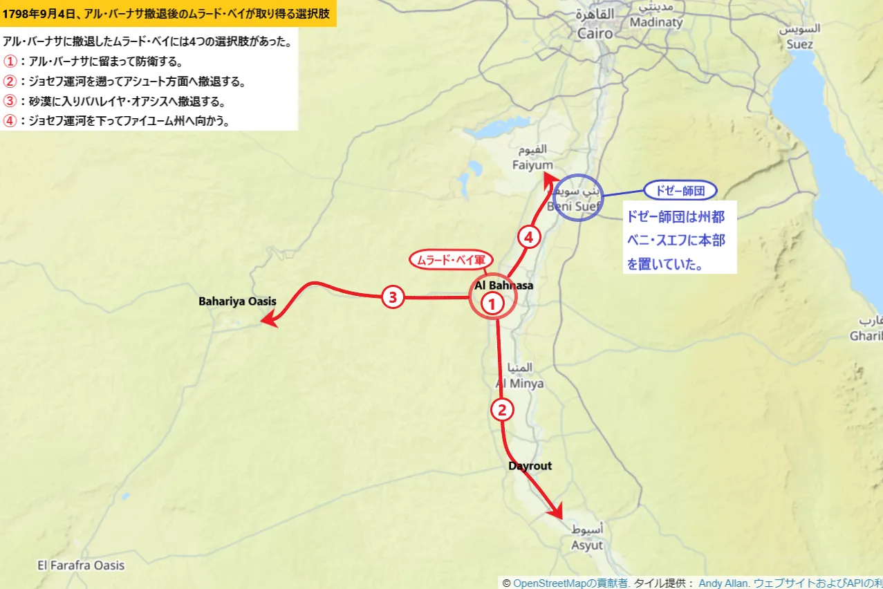【エジプト遠征】1798年9月4日、アル・バーナサ撤退後にムラード・ベイが取り得る選択肢