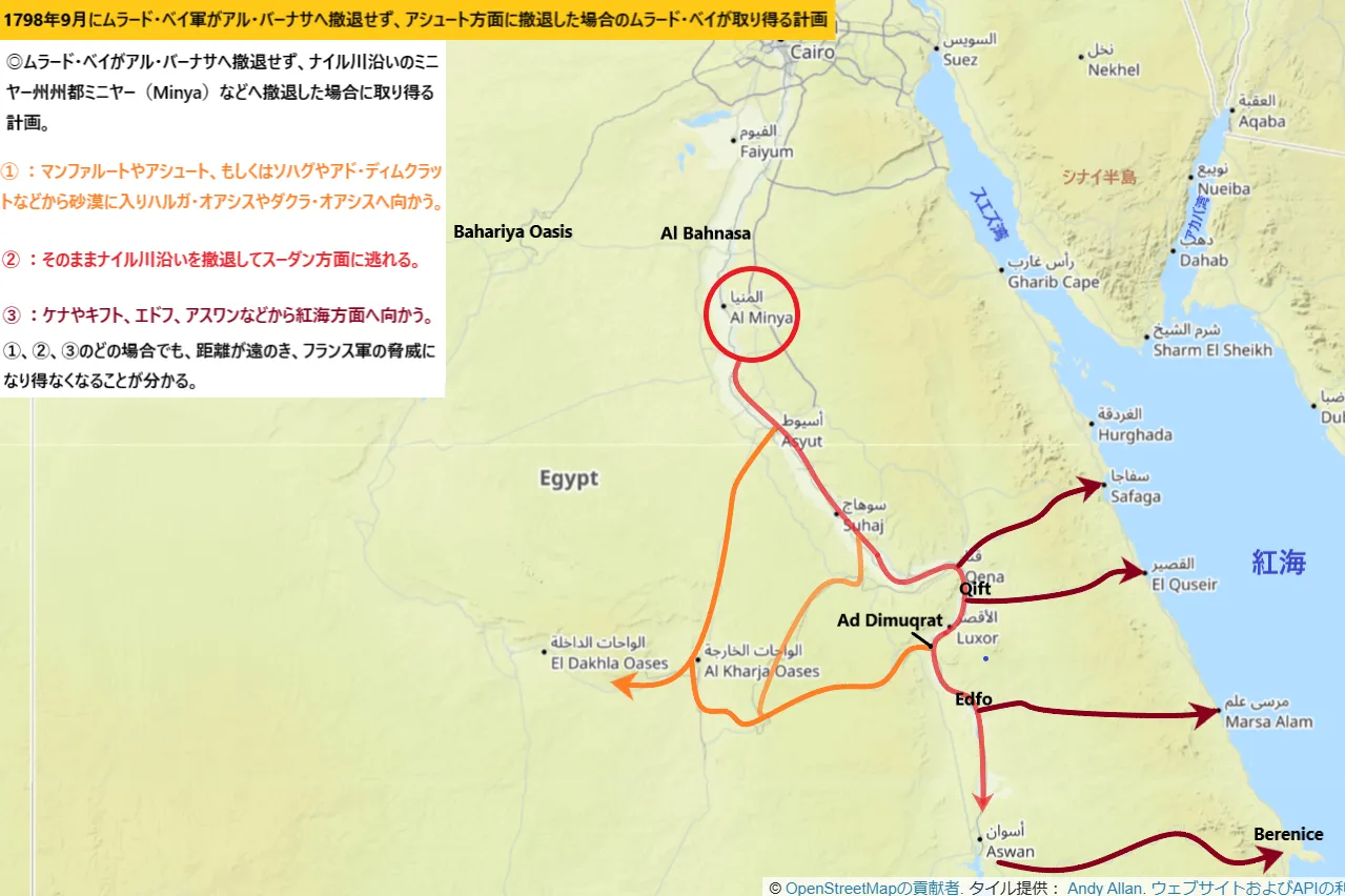 【エジプト遠征】1798年9月にムラード・ベイ軍がアル・バーナサへ撤退せず、アシュート方面に撤退した場合のムラード・ベイが取り得る計画。