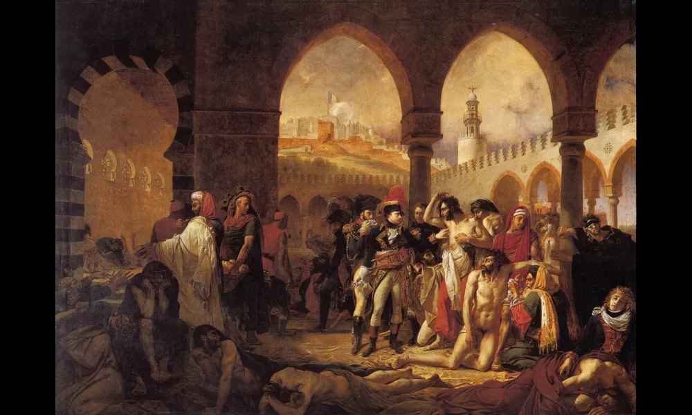 「ヤッファのペスト患者を訪問するボナパルト1799年3月11日(Bonaparte Visiting the Plague Victims of Jaffa)」。アントワーヌ=ジャン・グロ(Antoine-Jean Gros)画。1804年。縦:5m、横:7mの大作。