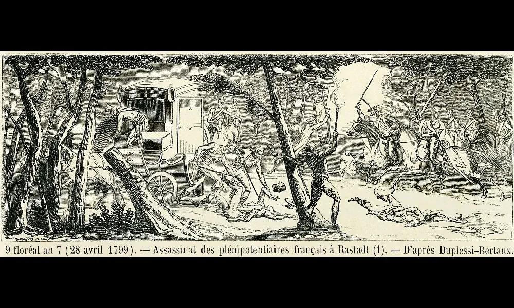 「第7年フロレアル9日（1799年4月28日）、ラシュタットにおけるフランス外交官暗殺事件」。作者不明。19世紀。