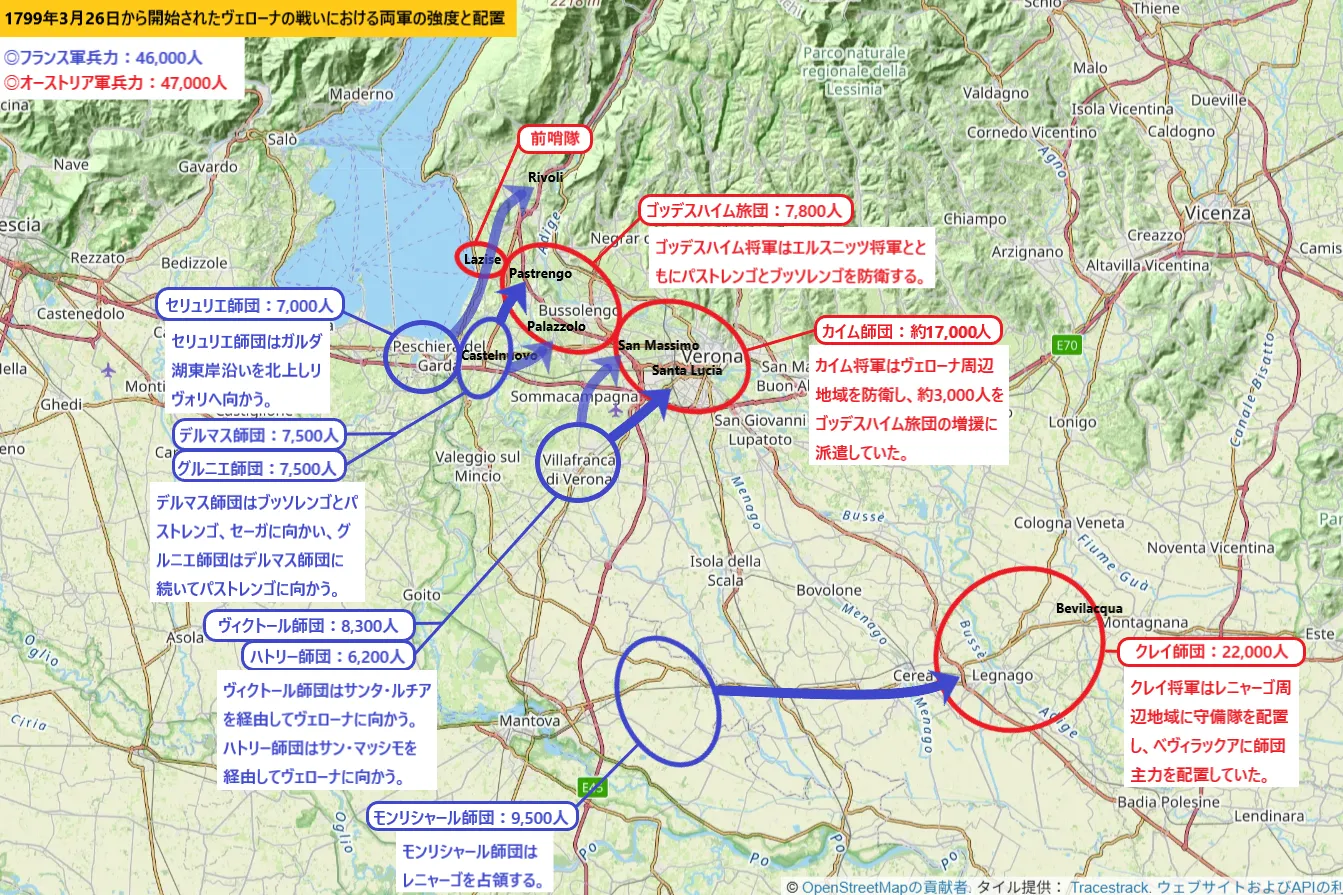 1799年3月26日から開始されたヴェローナの戦いにおける両軍の強度と配置