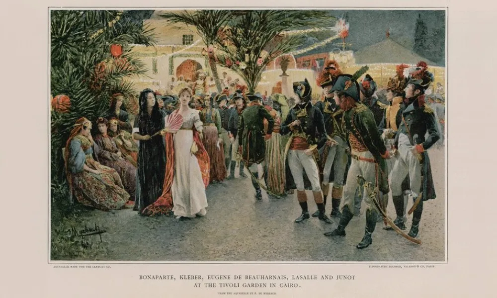 1798年11月30日、「カイロのティボリ庭園でのボナパルト、クレベール、ウジェーヌ・ド・ボアルネ、ラサール、そしてジュノー（Bonaparte, Kleber, Eugene De Beauharnais, Lasalle and Junot at the Tivoli Garden in Cairo）」。フェリシアン・ミルバッハ（Felician Myrbach）画。1896年。