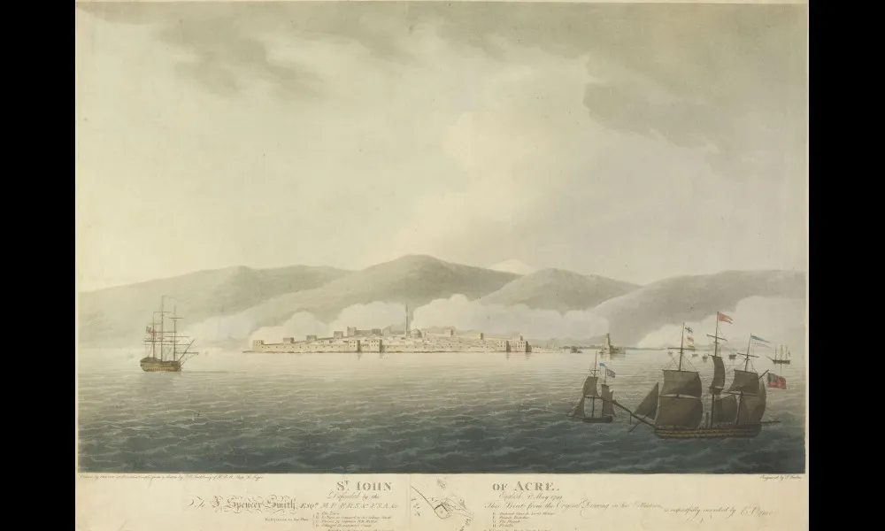 「St. John Of Acre, Defended by the English, 2d May 1799」。1803年6月3日。軍医スペルズベリー（F.B. Spilsbury）のスケッチを元に描かれた版画。