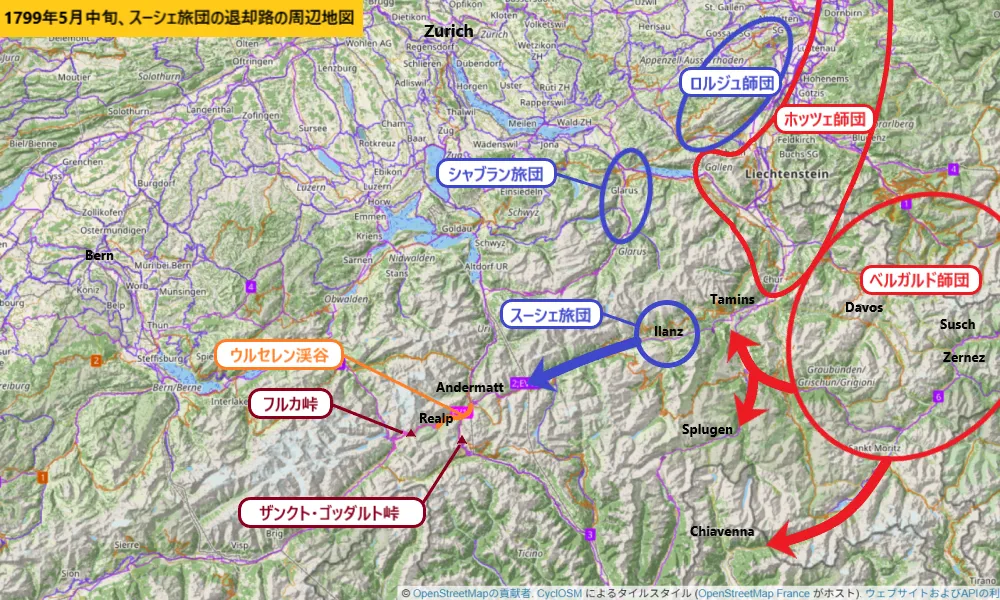 1799年5月中旬、ダボスを失ったスーシェ旅団の退却路