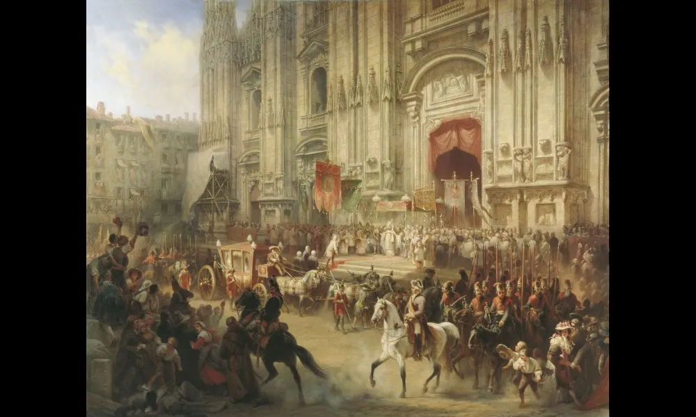 「1799年4月、ミラノでのアレクサンドル・スヴォーロフの歓迎式典」。アドルフ・シャルルマーニュ（Adolf Charlemagne）画。19世紀。