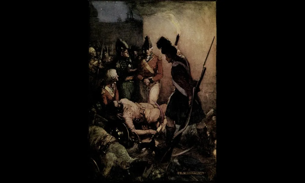 ヘンリエッタ・エリザベス・マーシャル（Henrietta Elizabeth Marshall）の著作「インドの物語：少年少女へ語る（India's story : told to boys and girls） 」1912年出版の表紙絵。ジョセフ・ラトクリフ・スケルトン（Joseph Ratcliffe Skelton）画。ティプー・スルタンの死体を発見した場面。